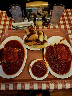 2 orders of the Eggplant Parmesan with extra meat sauce on the side