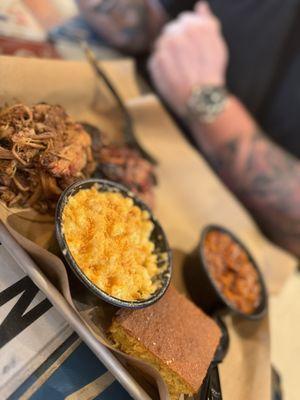 Chopped BBQ and Brisket with baked beans and Mac and Cheese