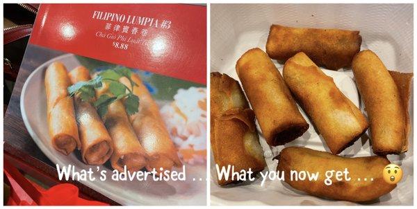 Lumpia shrunk and burnt last 3 visits!