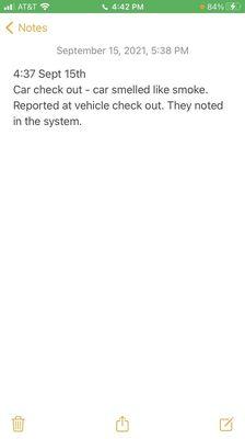 Picture of my notes taken at vehicle check out at 4:37pm PST on Sept 15th.  It's a scam!!