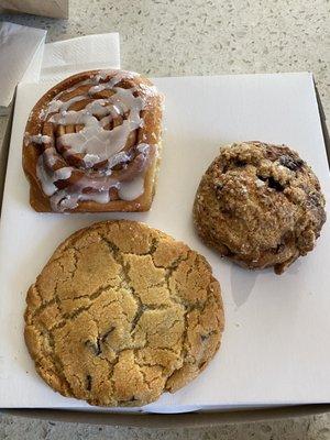 Cinnamon bun, blackberry scone, large chocolate chip cookie