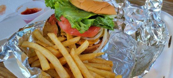 Bacon cheese burger with fries $11.00