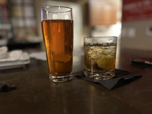 Amber ale(Delicious!) and old fashioned.