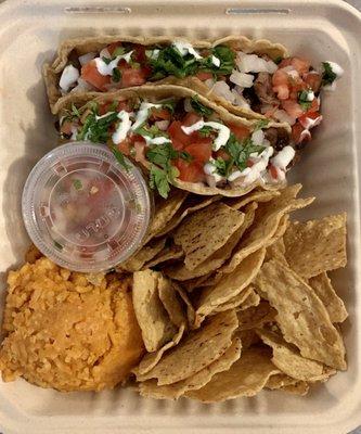 Steak taco meal (chunky style), rice, chips & pico de gallo salsa