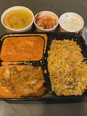 2/16/23 (thu): 3 item combo -  Chicken Tikka Masala, Chicken Curry, Veggie Korma w/ Biryani! Yuuuums!!