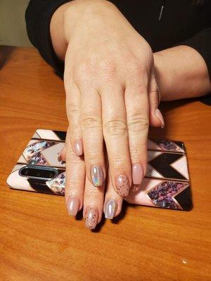 Acrylic with gel polish. Holographic metallic accent finger.