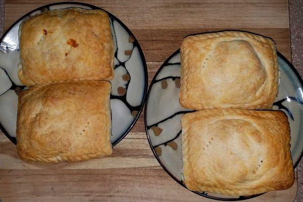 Four lovely meat pies, purchased frozen... taken home, baked... and devoured! Love this option... keep some in the freezer for lazy days!