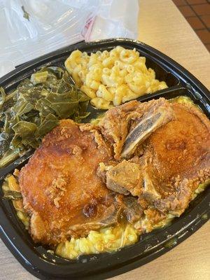 Fried Porkchops with collard greens and mac and cheese