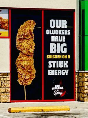 Chicken on a stick! "Now available in SPICY" yay!!! :)'