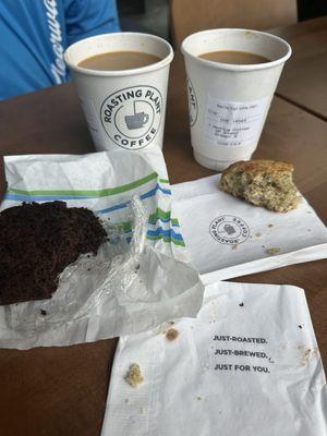 Motor city blend and Roasted Plant blend coffees. Chocolate zucchini loaf and parmesan pepper scone.