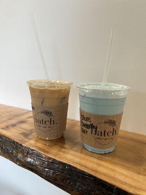 caramel iced coffee and blue butterfly drink