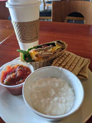 Breakfast burrito, side I'm cottage cheese and a large drip coffee.  Not too shabby.