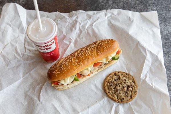 Chicken Philly sub with our famous chocolate chip cookie