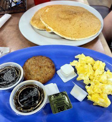 Pancakes Combo - served with one Egg, one Sausage Patty, and 2 Pancakes.