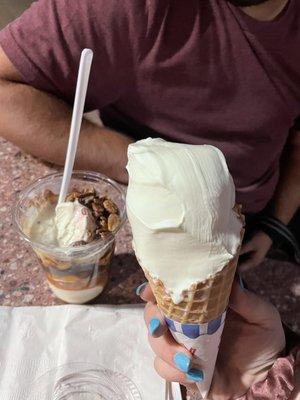 Turtle Sundae and 2 scoops of vanilla in a cone