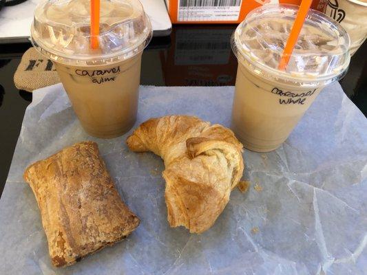 Carmel latte (whole milk and almond milk), butter croissant, chocolate croissant