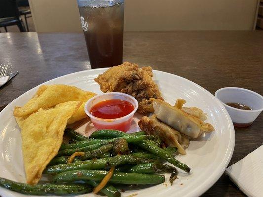 Green beans, fried chicken wings, crab rangoon & potstickers w/ dipping sauce.