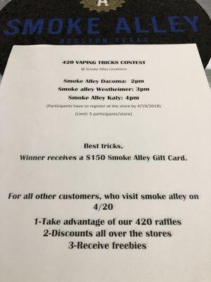 4/20 Giveaways, Raffle, Vape Tricks Contest and Specials :)