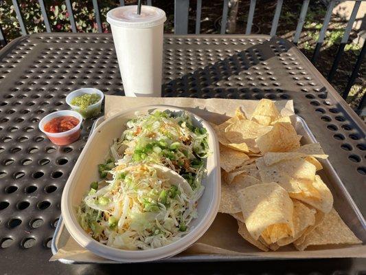 Sometimes even in January it's nice outdoors. Despite appearances, there's lots of the good regular adobo chicken in these tacos!