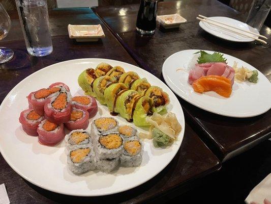 Spicy Crunchy Scallop Roll, Two 2 Thumbs Roll, Sweetie Roll, and Sashimi.