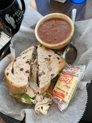 Clarkdale Club Sandwich on Cranberry Walnut Bread with a Side of Chili