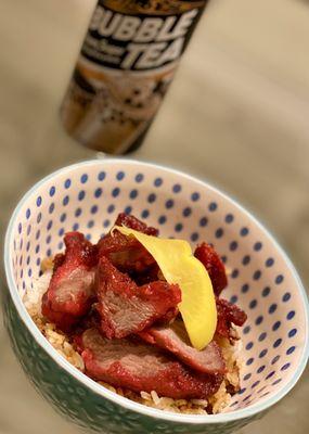 Red grain pork rice (half portion shown, without the vegetables) and bubble brown sugar milk tea