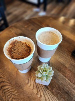 Lavender honey coffee with cinnamon powder and a bullet (keto) coffee.