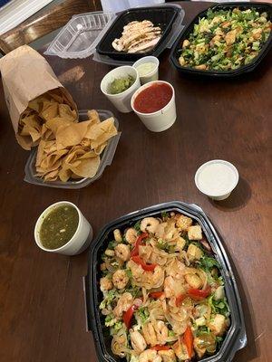 Great for carryout. Sizzling Fajita Salsa, Chips, Green Salsa, Red Salsa, Guacamole, Avocado Ranch.