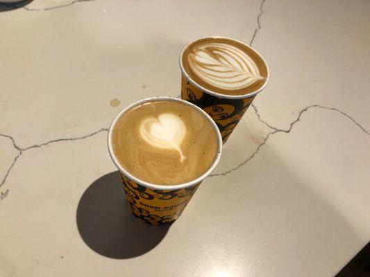 Two non fat lattes. Look at the lovely foam art!