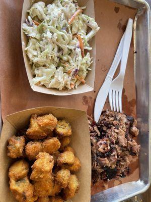 1 meat plate. Chopped brisket, coleslaw and fried okra