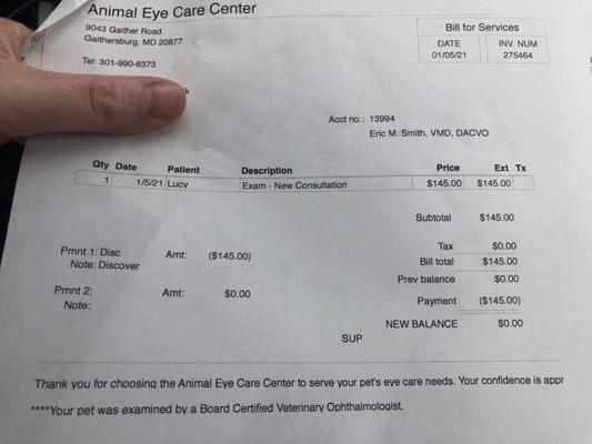 Cost for Animal Eye Care Center in Gaithersburg MD.