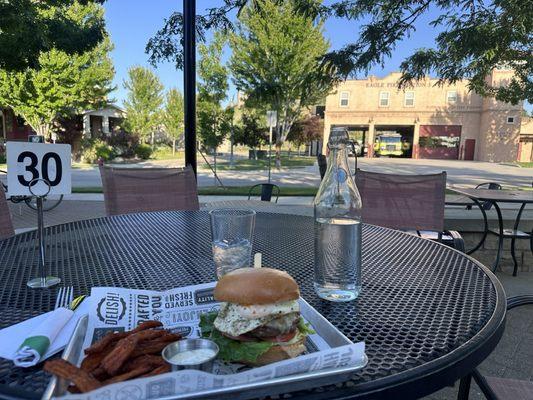 Farmstead burger and sweet potato fries