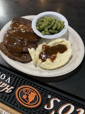 Monday Special Homeade meatloaf, mashed potatoes and green beans