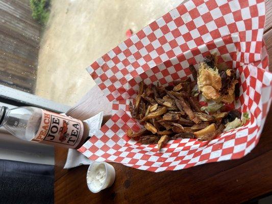 Veggie Burger with Home Cut Fries!  Grab the aioli sauce on the side for your fries!