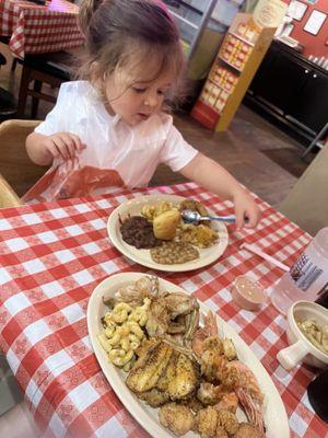 Frog legs, seafood pasta, shrimp, white beans & sausage, fish, red beans