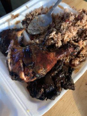 Jerk chicken and rice and peas.