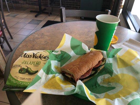 Foot long Spicy Italian (after eating half) chips and a drink. $8 even.