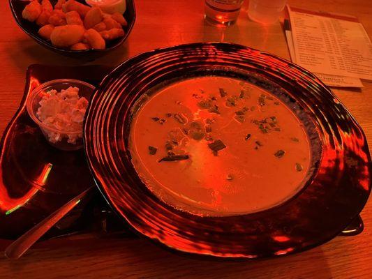 Beer cheese soup with popcorn