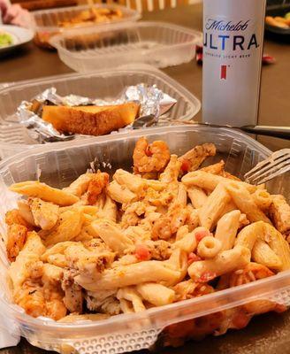 6/23/2024 Ultimate Cajun pasta adds the shrimp and chicken garlic toast. And bottle of Michelob ultra at home