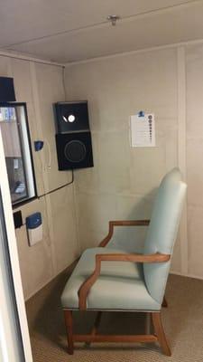 Testing booth for children, adults, and tinnitus evaluations.