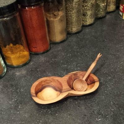 Tiny Kenyan olivewood spice spoon and bowl.