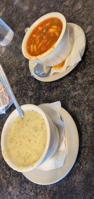 Cream of broccoli soup and beef orzo soup