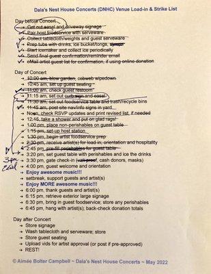 This is the equivalent of a stage manager's runlist. Stagecraft, production logistics, and promotions are a large part of hosting a concert!