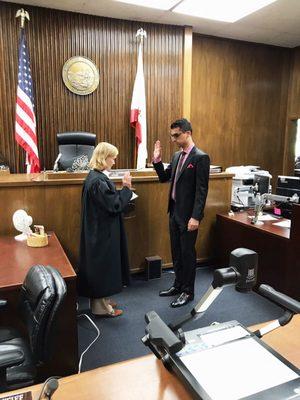 Peter Law Group's newest attorney Eyal Farahan being sworn into the California Bar by the Superior Court Judge.