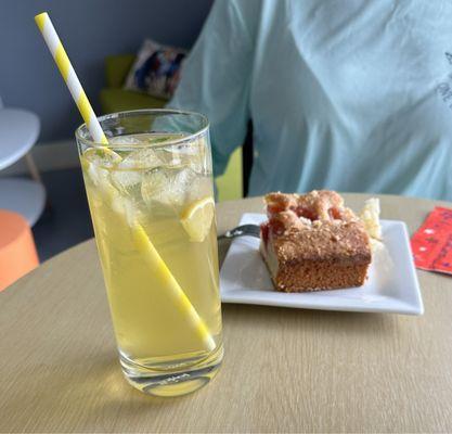 Lemon refresher with cherry crumb cake.