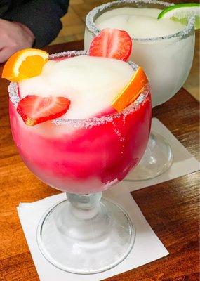 Prickly Pear Margarita (front), House Margarita (back) (@paigeeatshouston on IG)