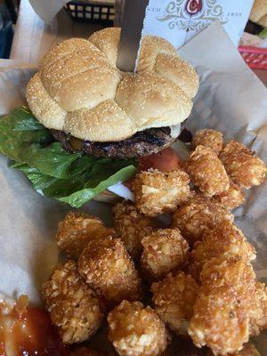 Mushroom burger and tater tots