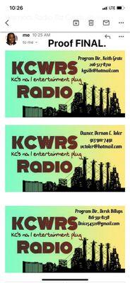 KCWRS; Owner & Program directors. You can contact anyone of the three for more information about our station and our team; K C Warriors.