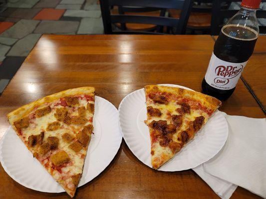 Crispy Chicken and BBQ Chicken slice w Diet Dr. Pepper