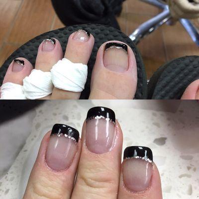 ANC nails, black French with silver detail. Reg polish on toes, jasmine pedicure which is perfect if you're congested. Smells great!